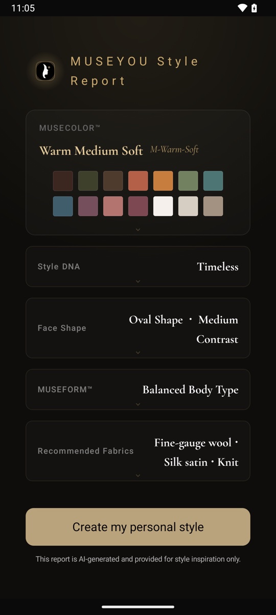 Actual MuseYou Android basic report: Warm Medium Soft, Timeless, Oval and Balanced